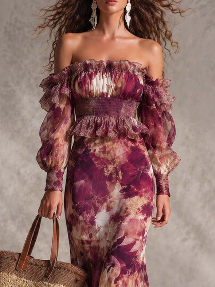 Abito Maxi in Chiffon Rosa Cipria con Fiori Off-Shoulder