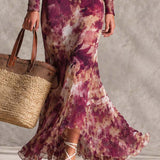 Abito Maxi in Chiffon Rosa Cipria con Fiori Off-Shoulder