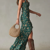 Abito Maxi Stampato Verde Bohemien con Maniche Ruffle