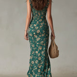 Abito Maxi Stampato Verde Bohemien con Maniche Ruffle