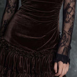 Abito mini plissettato in pizzo vellutato chocolate goth