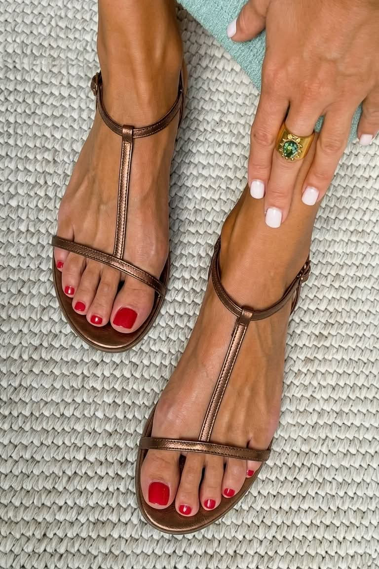 SCARLETT | Sandali Piani Metallici con Cinturino a T