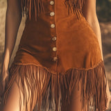 Abito Mini Senza Maniche in Suede Marrone Occidentale con Frange