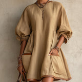 Abito Mini Oversize in Lino Khaki con Maniche a Palloncino e Tasche
