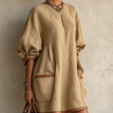 Abito Mini Oversize in Lino Khaki con Maniche a Palloncino e Tasche
