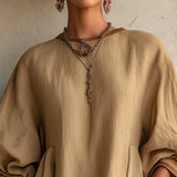 Abito Mini Oversize in Lino Khaki con Maniche a Palloncino e Tasche