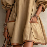 Abito Mini Oversize in Lino Khaki con Maniche a Palloncino e Tasche