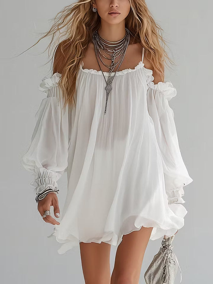 Abito Mini Fluttuante in Stile Bohemien con Spalle Scoperte