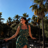 Abito Lungo Boho Retrò con Maniche a Balze e Spacco Alto