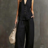 Completo a Due Pezzi in Cotone e Lino con Gilet Senza Maniche e Pantaloni a Gamba Larga