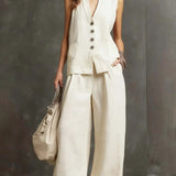 Completo a Due Pezzi in Cotone e Lino con Gilet Senza Maniche e Pantaloni a Gamba Larga
