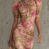 Abito Maxi con Stampa Rosa Vintage e Maniche a Sbuffo