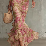 Abito Maxi con Stampa Rosa Vintage e Maniche a Sbuffo