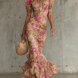 Abito Maxi con Stampa Rosa Vintage e Maniche a Sbuffo