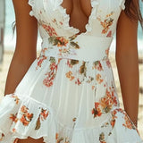 Vestito sexy floreale con volant e scollatura a V, corto davanti e lungo dietro