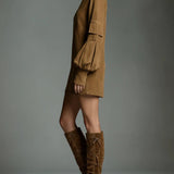 Abito Mini in Suede Vintage con Collo Alto