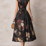Abito Midi in Satin Pieghettato con Collo a Chiave Nera