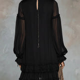 Abito Mini in Chiffon Nero con Maniche a Lanternina e Volant