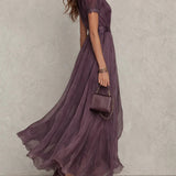 Abito Maxi in Chiffon con Collo a Fessura Viola