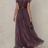Abito Maxi in Chiffon con Collo a Fessura Viola