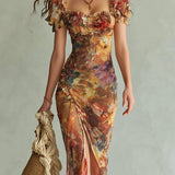 Abito Maxi in Chiffon Arancione Stampa ad Olio