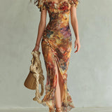 Abito Maxi in Chiffon Arancione Stampa ad Olio