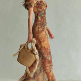 Abito Maxi in Chiffon Arancione Stampa ad Olio