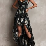 Abito Maxi Senza Spalline con Stampa Floreale Nera