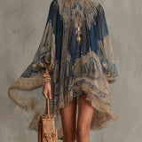 Abito Mini in Chiffon con Stampa Barocca Blu Navy