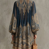Abito Mini in Chiffon con Stampa Barocca Blu Navy