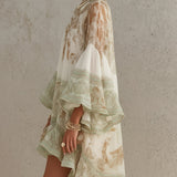 Abito Mini in Chiffon con Righe e Maniche a Volant Verde
