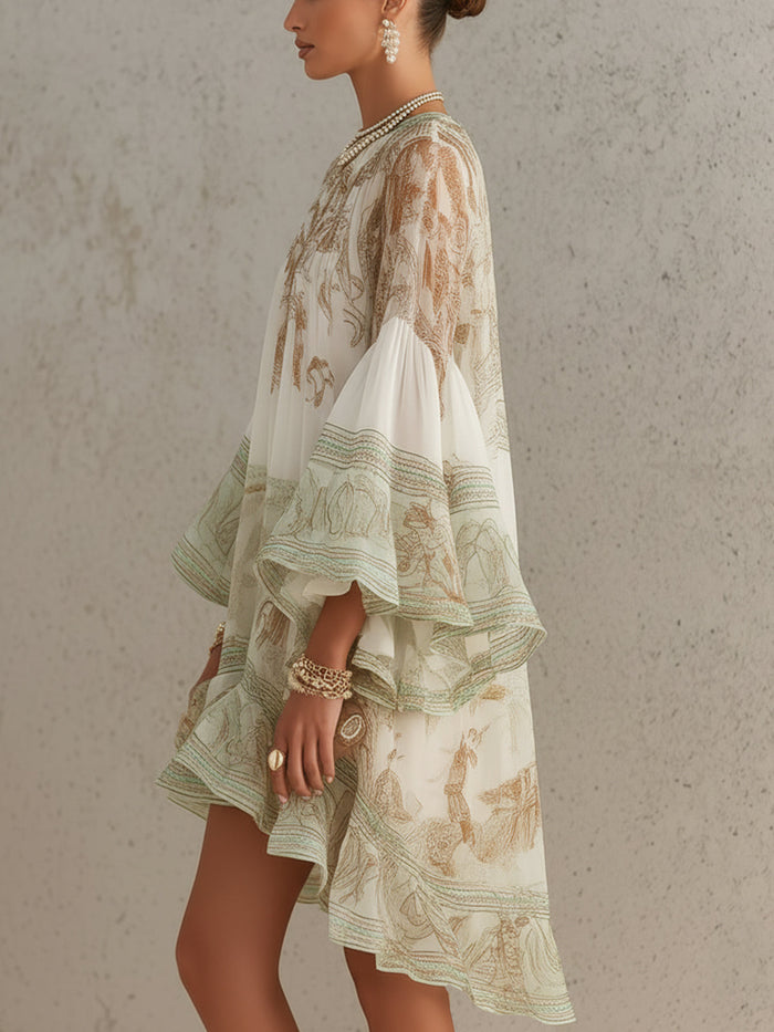 Abito Mini in Chiffon con Maniche a Volant e Orlo a Righe Verde