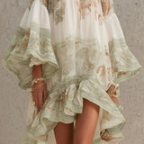 Abito Mini in Chiffon con Righe e Maniche a Volant Verde