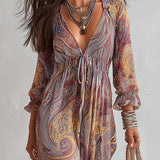 Abito Maxi in Chiffon con Stampa Paisley e Scollo a V