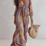 Abito Maxi in Chiffon con Stampa Paisley e Scollo a V