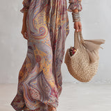 Abito Maxi in Chiffon con Stampa Paisley e Scollo a V