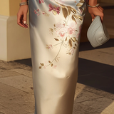 Abito Midi in Satin con Stampa Floreale a Spalla Scoperta