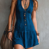 Abito Mini Senza Maniche con Scollo a V e Bottoni Bohemien Indigo