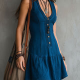Abito Mini Senza Maniche con Scollo a V e Bottoni Bohemien Indigo