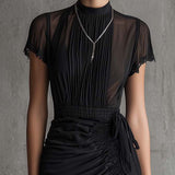 Abito Mini in Chiffon Nero con Vita Plissettata