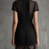 Abito Mini in Chiffon Nero con Vita Plissettata