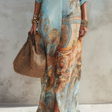 Abito Maxi Blu con Stampa Floreale