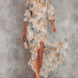 Abito Maxi in Chiffon Irregolare con Stampa Floreale