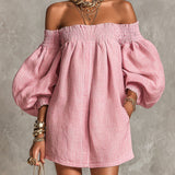 Abito Mini A-line Rosa con Maniche a Lantern e Spalle Scoperte