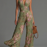 Tuta in Chiffon Verde Floreale Senza Maniche con Zip