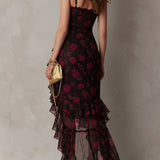 Abito Chic Nero e Rosso con Fiori e Rouches