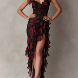 Abito Chic Nero e Rosso con Fiori e Rouches