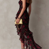 Abito Chic Nero e Rosso con Fiori e Rouches