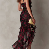 Abito Chic Nero e Rosso con Fiori e Rouches
