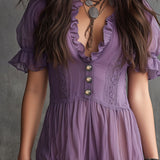 Abito Mini in Chiffon con Maniche a Puff e Righe Arricciate